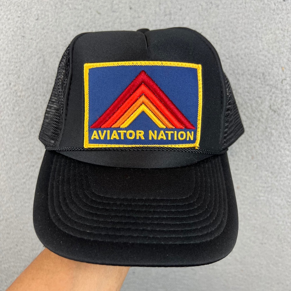 Aviator Nation Black Trucker Hat Rainbow Chevron Logo Snapback Mesh Cap